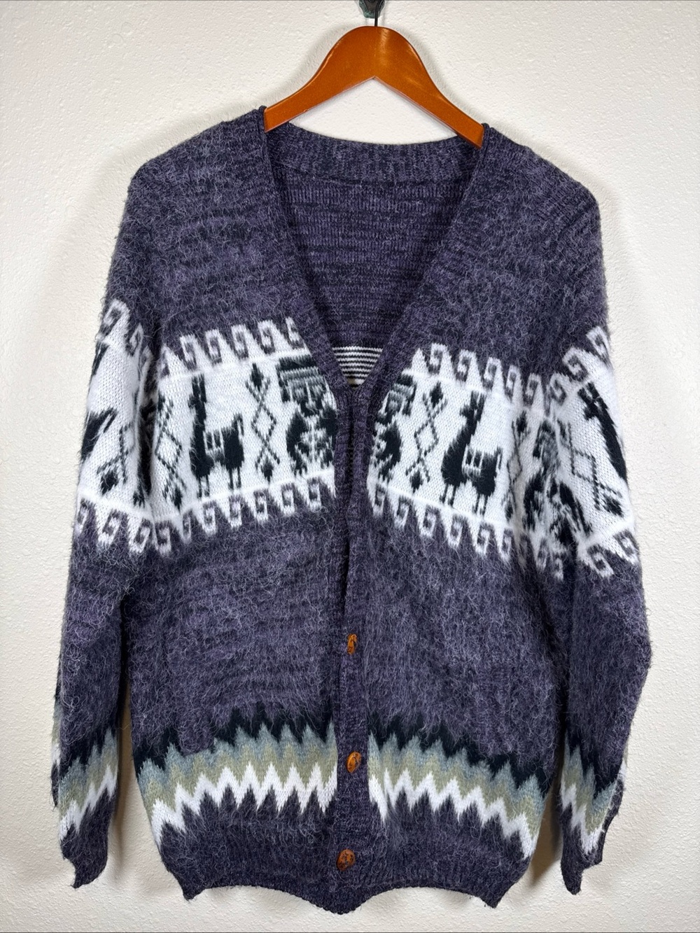 Men’s Wool Alpaca Cardigan Knit Wood Button Ugly Christmas Sweater L purple